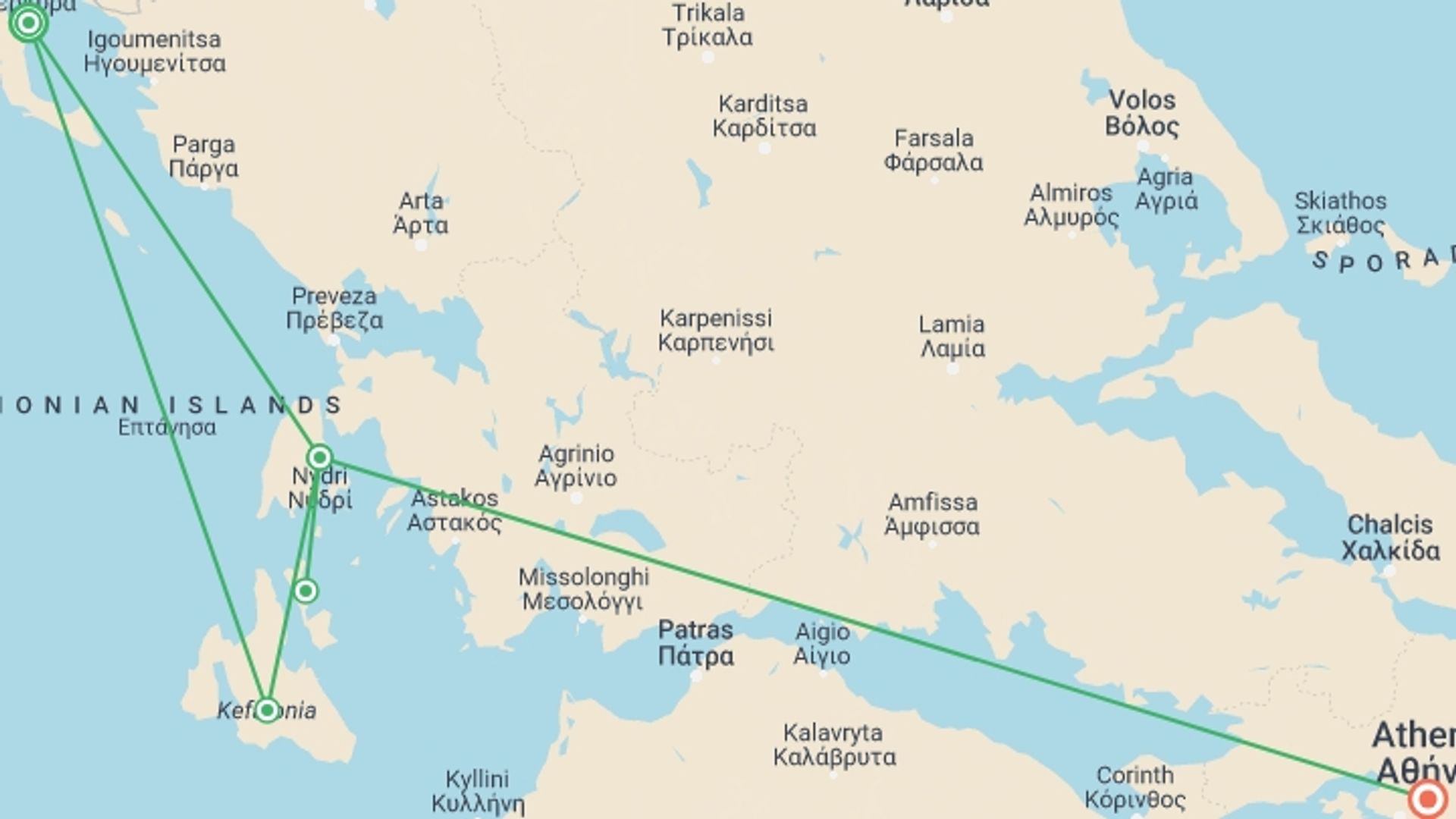 A map showing the tour itinerary for the trip: Ionian Islands Bike & Boat, starting in Corfu, Greece and ending in Athens, Greece going through 3 other destinations.