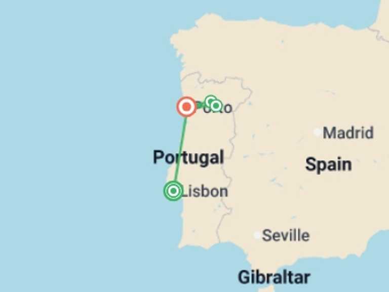 Map itinerary of Porto Tour in Fall with 4 destination visits for the trip: Charming Lisbon and Douro Cruise Special