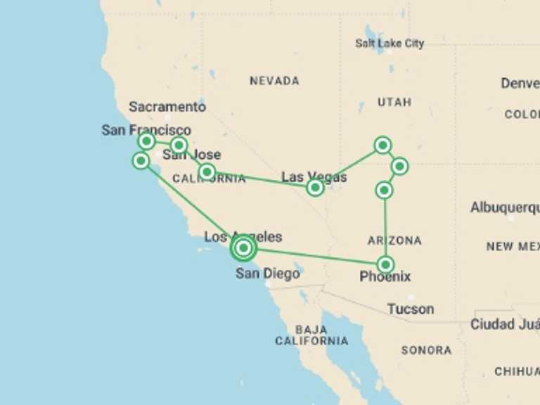 Map itinerary of San Francisco Tour in October 2026 with 11 destination visits for the trip: America's Western Landscapes