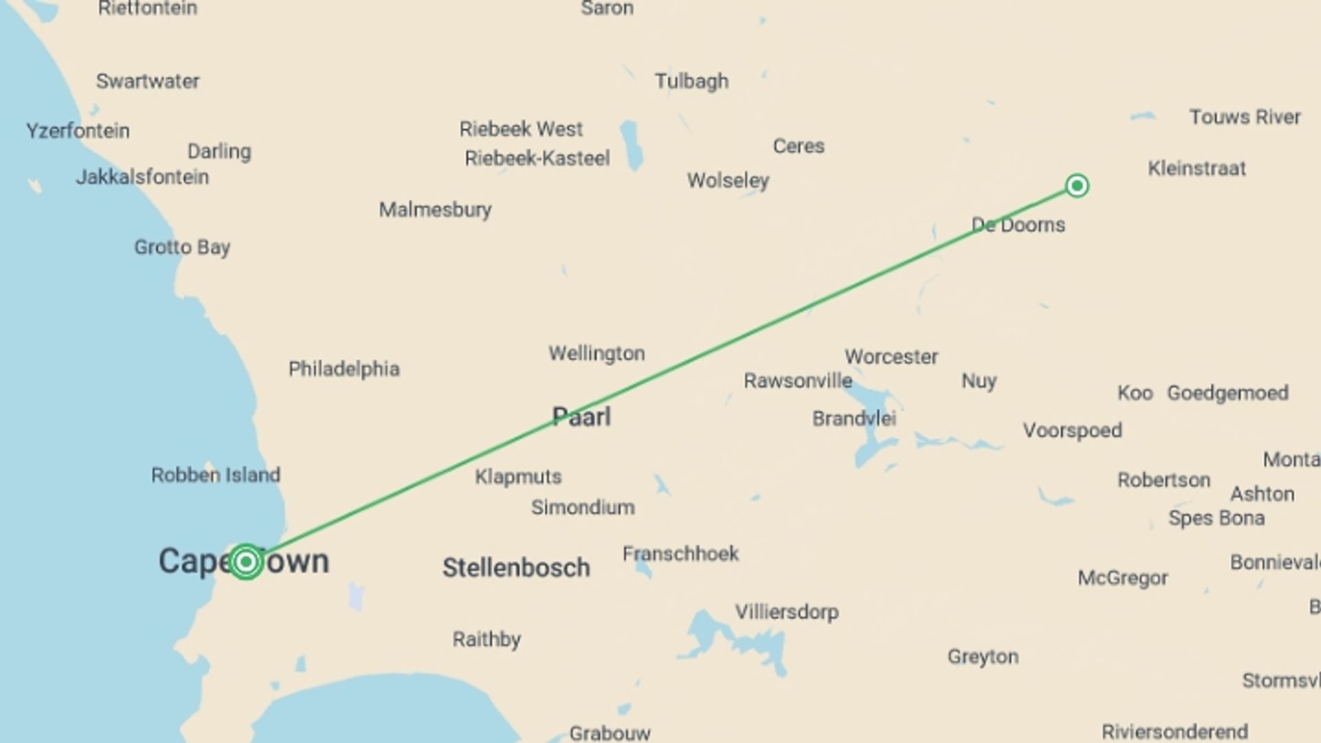 A map showing the tour itinerary for the trip: Cape Town & Winelands, starting in Cape Town, South Africa and ending in Cape Town, South Africa going through 1 other destinations.