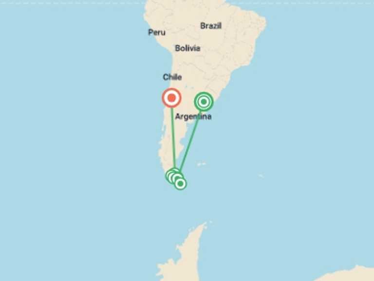 Map of Argentina and Chile Tour with 7 destination visits for the trip: Patagonian Explorer Cruise