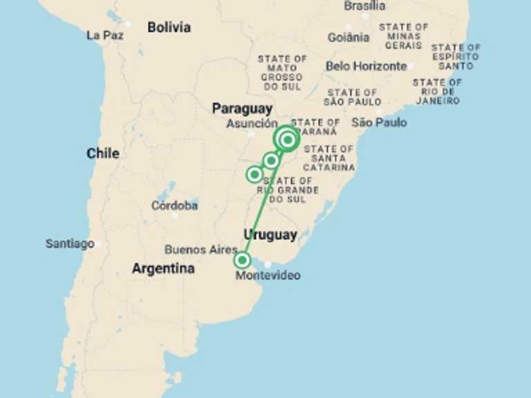 Map itinerary of Puerto Iguazu Tour in Fall with 5 destination visits for the trip: Jungle & Wetlands: Iguazu & Iberá
