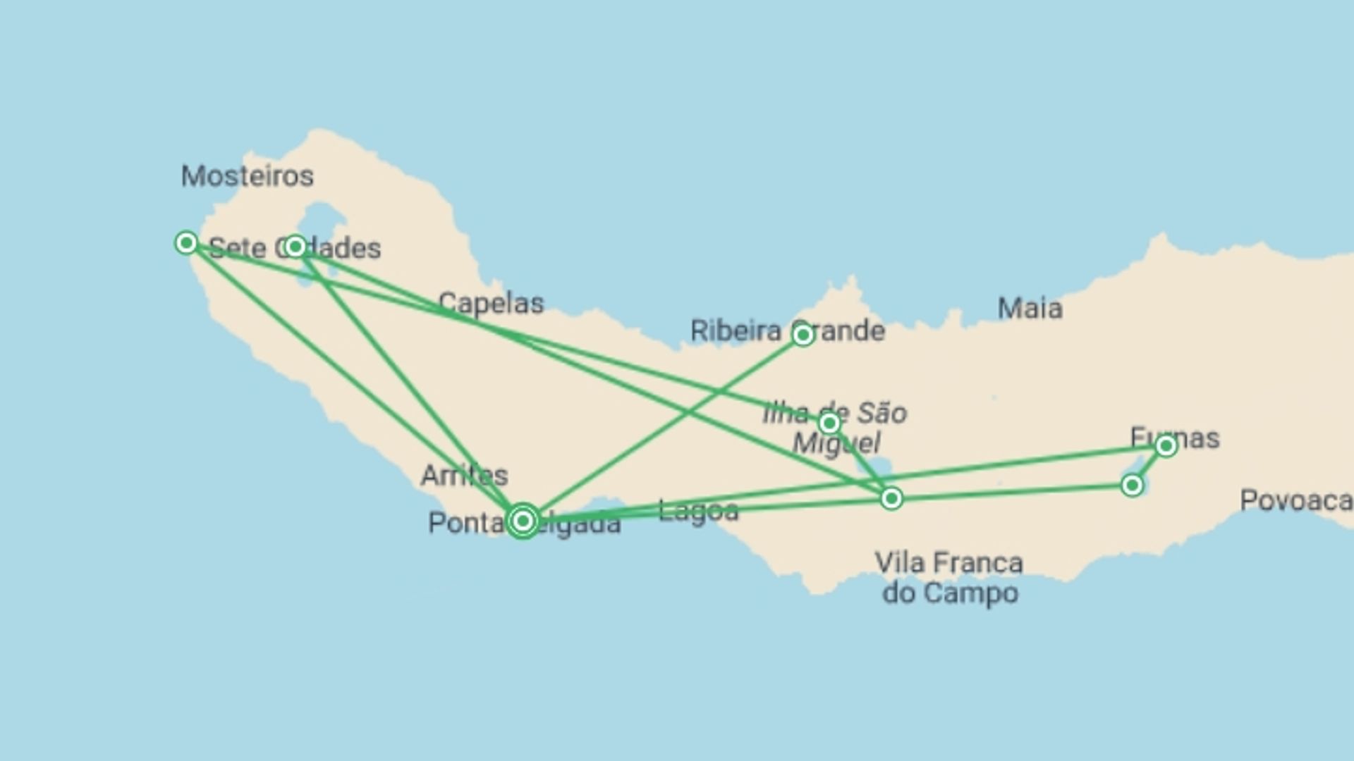 A map showing the tour itinerary for the trip: Best Of São Miguel Island, starting in Ponta delgada, Portugal and ending in Ponta delgada, Portugal going through 1 other destinations.