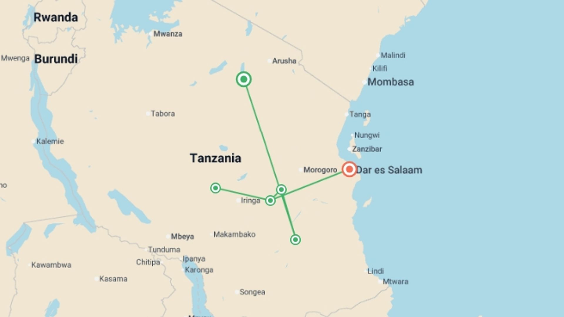 A map showing the tour itinerary for the trip: 10 Days – Hidden Safari Treasures of Southern Tanzania, starting in Tanzania Safari Parks, Tanzania and ending in Dar Es Salaam, Tanzania going through 5 other destinations.