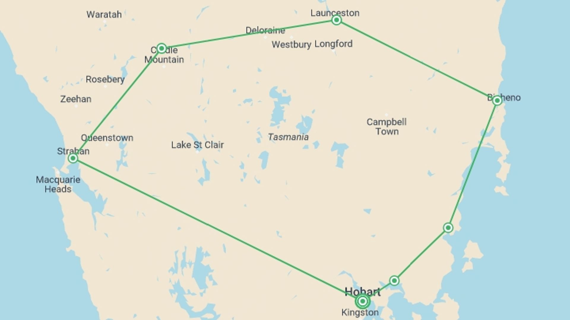 A map showing the tour itinerary for the trip: Perfect Tasmania, starting in Hobart, Australia and ending in Hobart, Australia going through 0 other destinations.