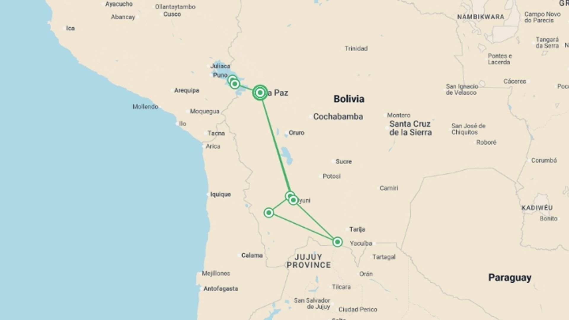 A map showing the tour itinerary for the trip: Bolivia Highlights Adventure 14D/13N, starting in La Paz, Bolivia and ending in La Paz, Bolivia going through 4 other destinations.