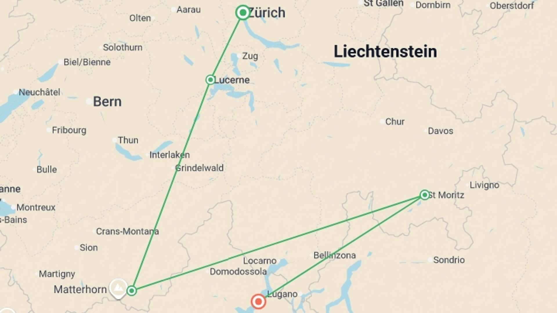 A map showing the tour itinerary for the trip: Signature: Iconic Trains of Switzerland & Italy's Lake District, starting in Zurich, Switzerland and ending in Lombardy & the Lakes, Italy going through 4 other destinations.
