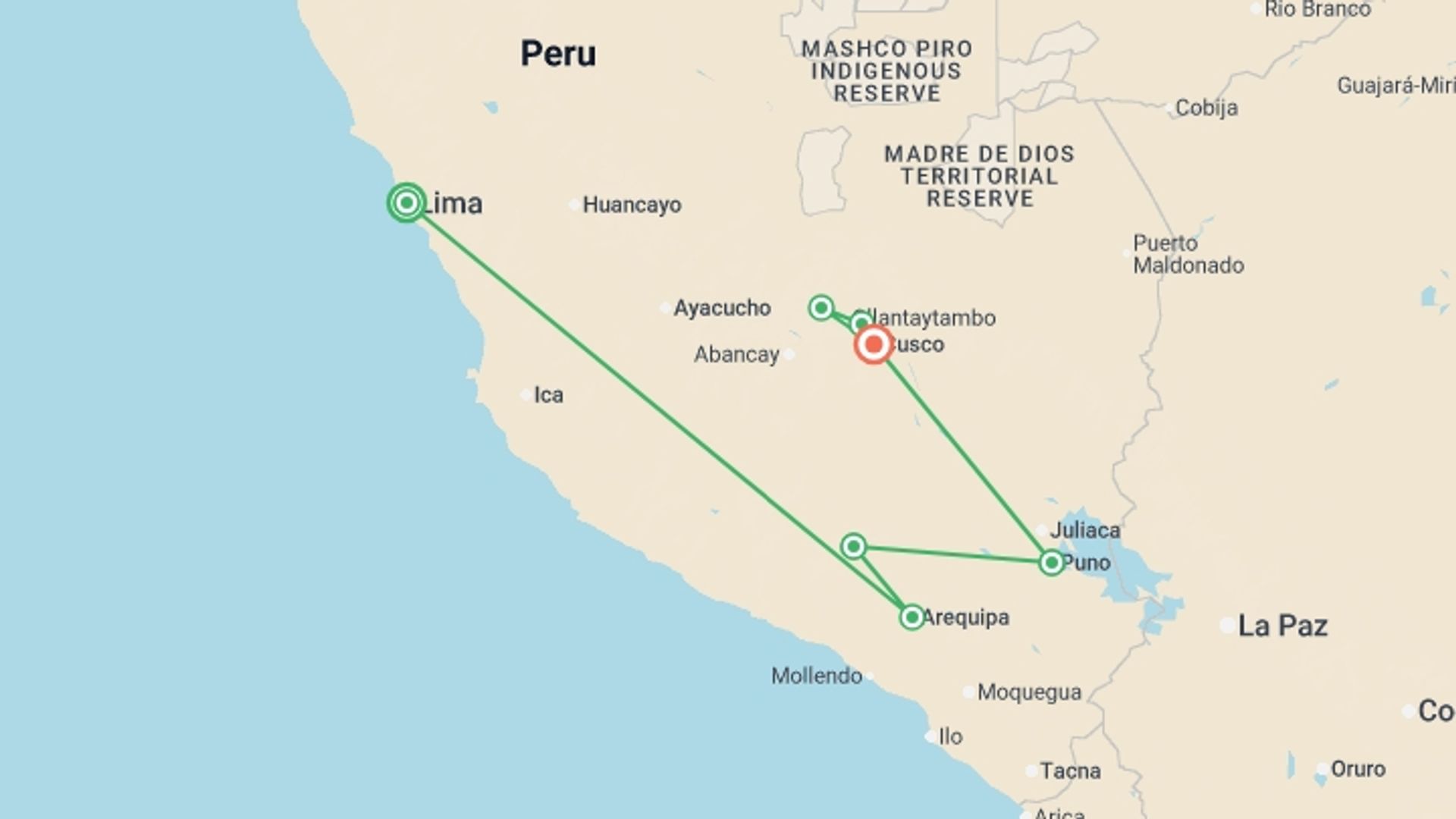 A map showing the tour itinerary for the trip: Treasures Of The South – 13 Days: Lima, Arequipa, Colca Valley, Puno, Cusco, Sacred Valley, Machu Picchu, French-speaking Guide, starting in Lima, Peru and ending in Cusco, Peru going through 5 other destinations.