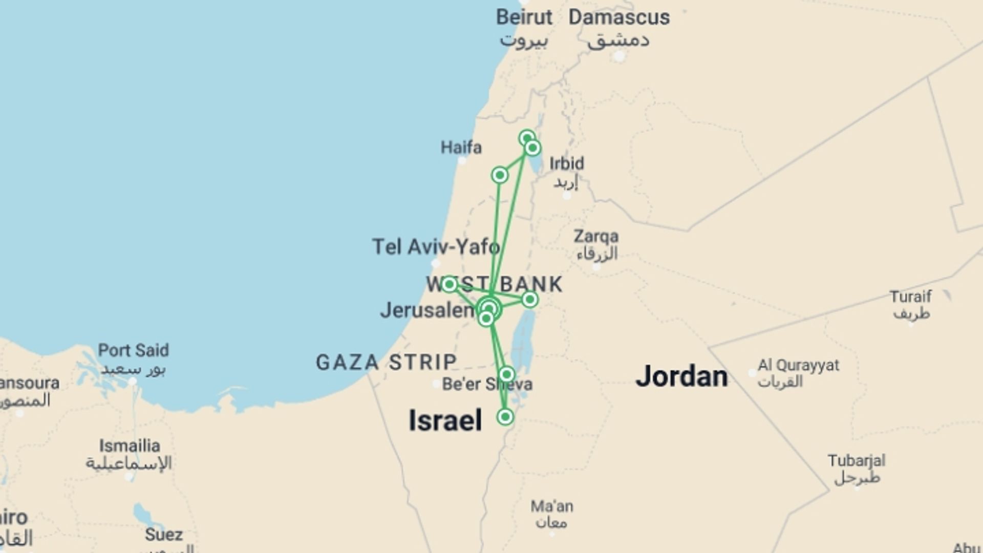A map showing the tour itinerary for the trip: Christian Israel Tour Package, 5 Days From Jerusalem, starting in Jerusalem, Israel and ending in Jerusalem, Israel going through 2 other destinations.