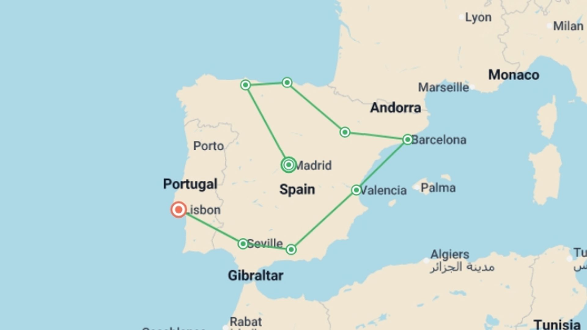 A map showing the tour itinerary for the trip: Spanish Ole with Lisbon, starting in Madrid, Spain and ending in Lisbon, Portugal going through 7 other destinations.
