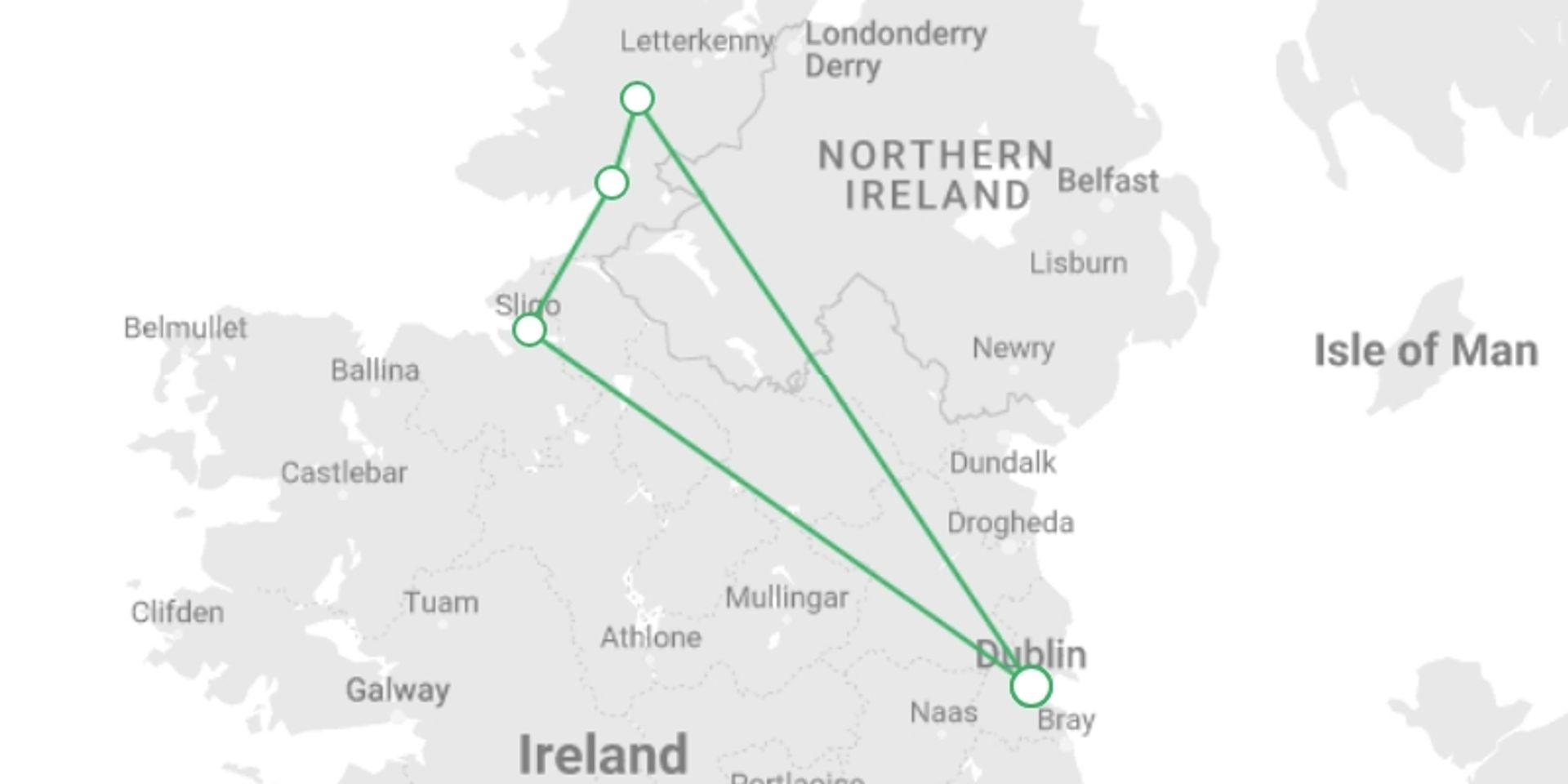 A map showing the tour itinerary for the trip: Dublin to Donegal (Hotel) - 3 days, starting in Dublin, Ireland and ending in Dublin, Ireland going through 1 other destinations.
