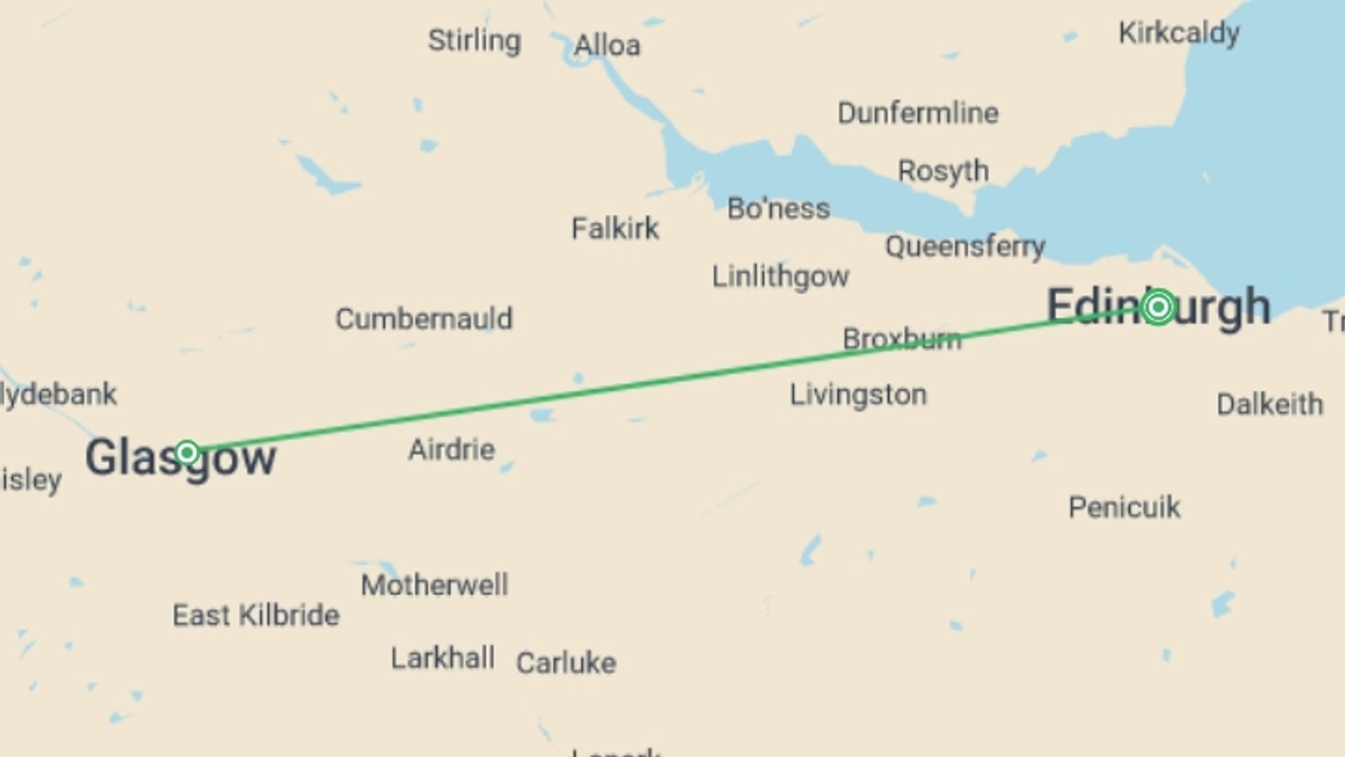 A map showing the tour itinerary for the trip: Edinburgh and Glasgow by Rail, starting in Edinburgh, Scotland and ending in Edinburgh, Scotland going through 1 other destinations.