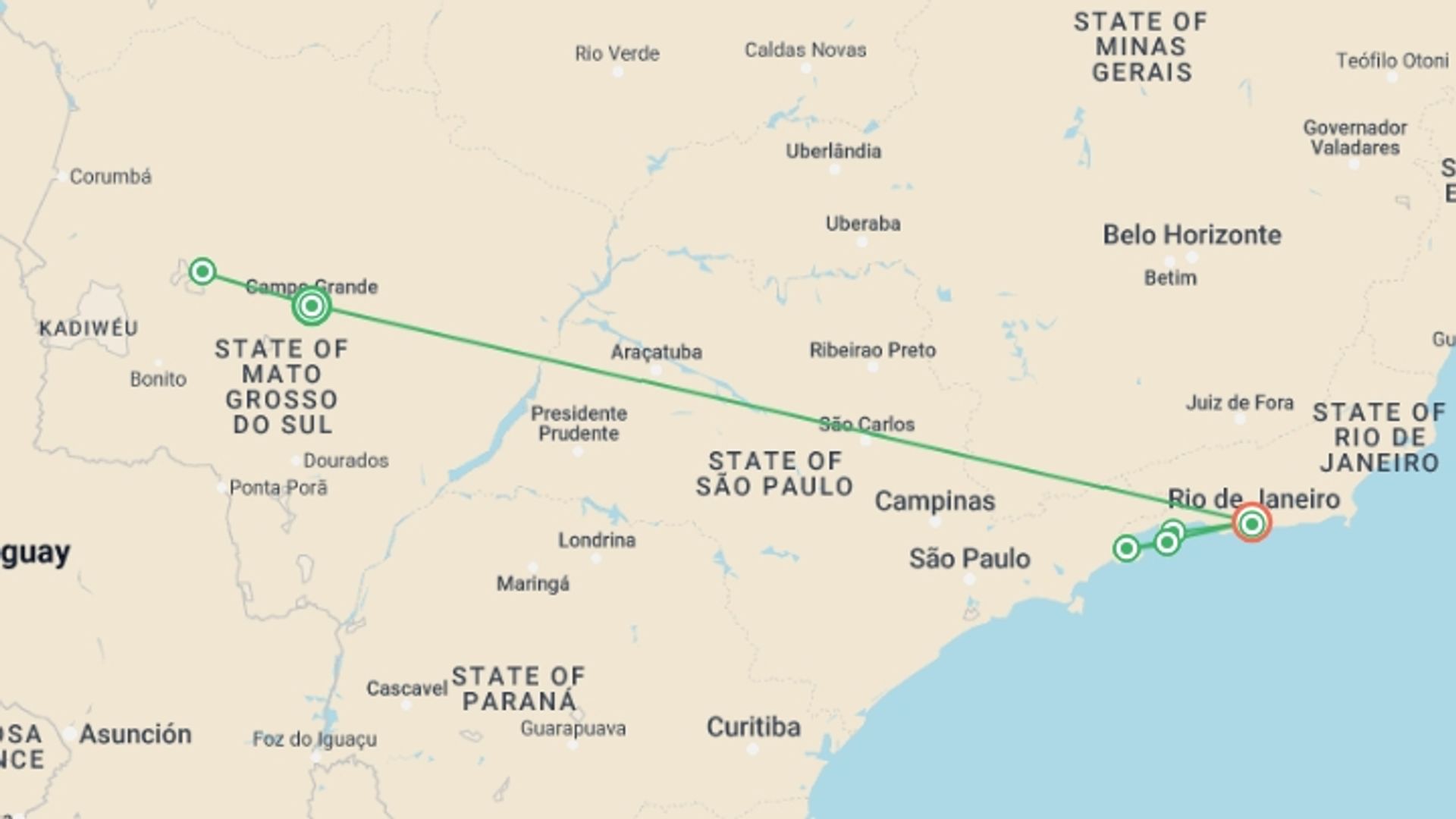 A map showing the tour itinerary for the trip: Discover Pantanal, Rio & Costa Verde, starting in Campo Grande, Brazil and ending in Rio de Janeiro, Brazil going through 4 other destinations.