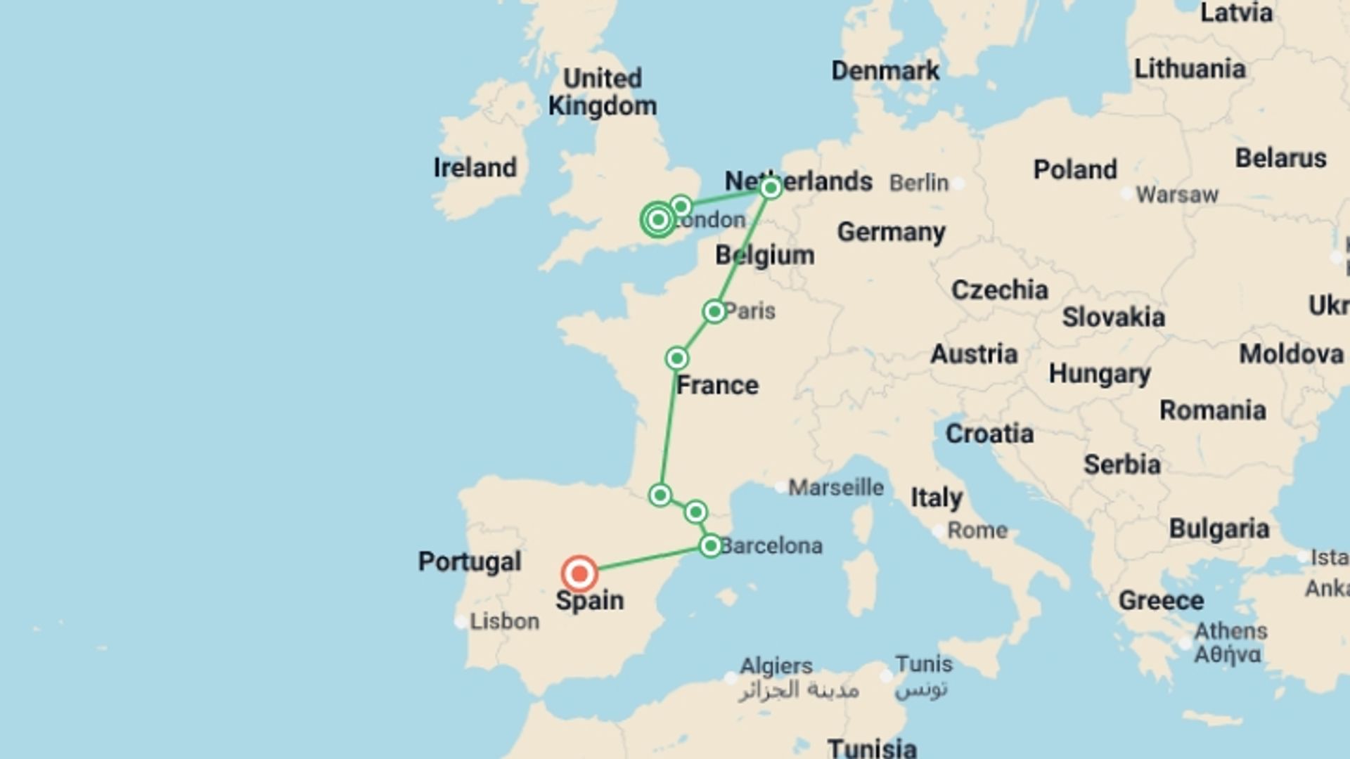 A map showing the tour itinerary for the trip: Remarkable Journey, starting in London, England and ending in Madrid, Spain going through 7 other destinations.