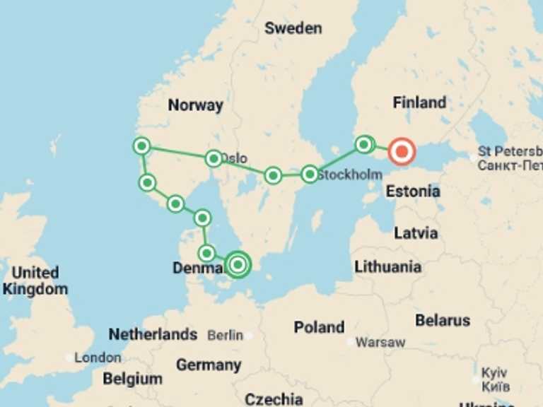 Map itinerary of Europe Tour in August 2026 with 8 destination visits for the trip: Solo Lite Scandinavia Explorer