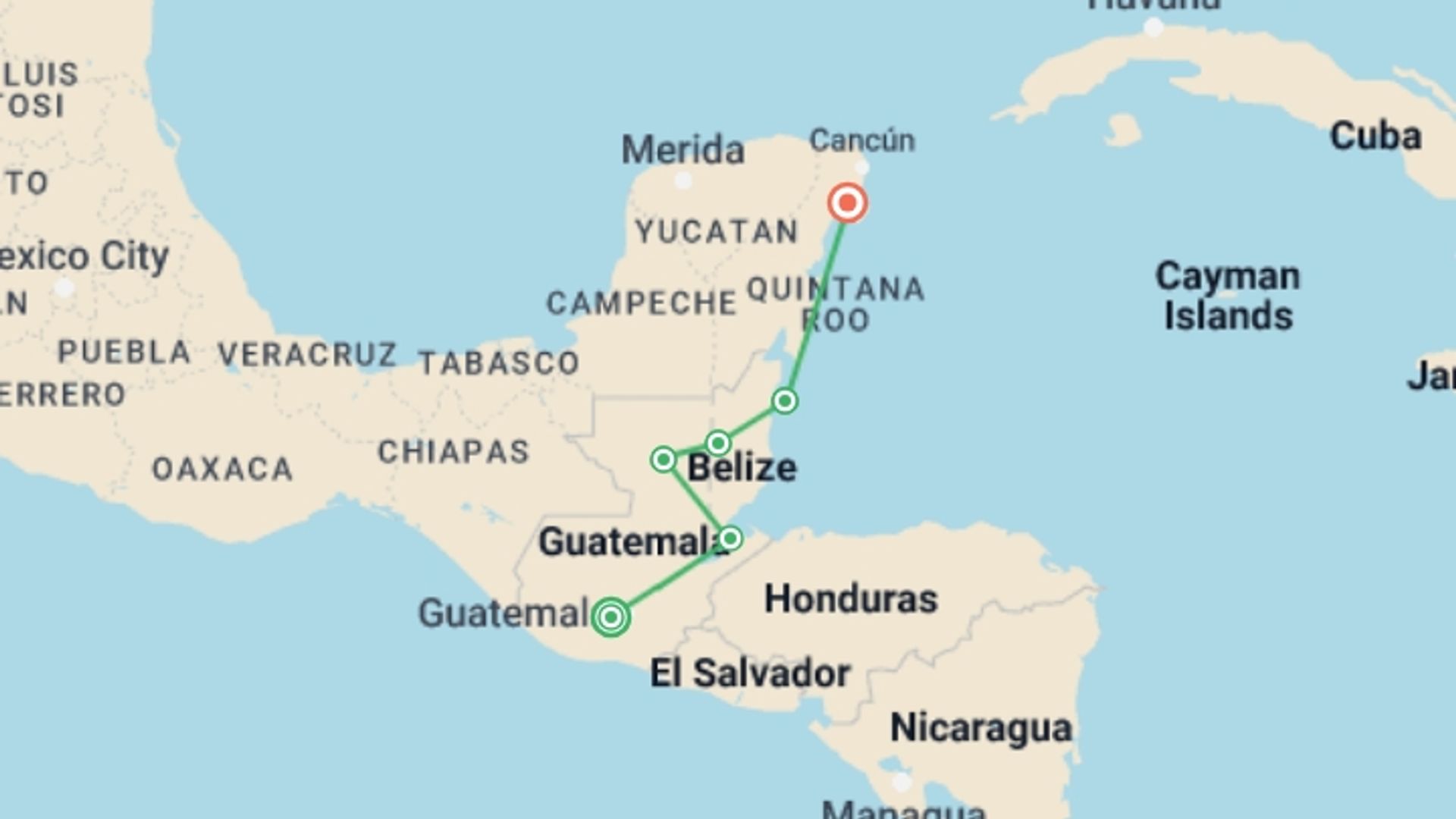 A map showing the tour itinerary for the trip: Mayan Encounter, starting in Antigua, Guatemala and ending in Playa Del Carmen, Mexico going through 4 other destinations.