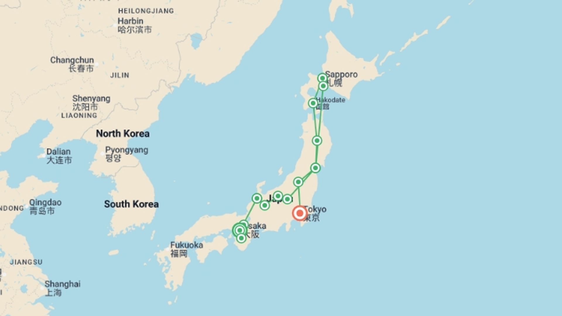A map showing the tour itinerary for the trip: Scenic and Zen Japan, starting in Osaka, Japan and ending in Tokyo, Japan going through 12 other destinations.