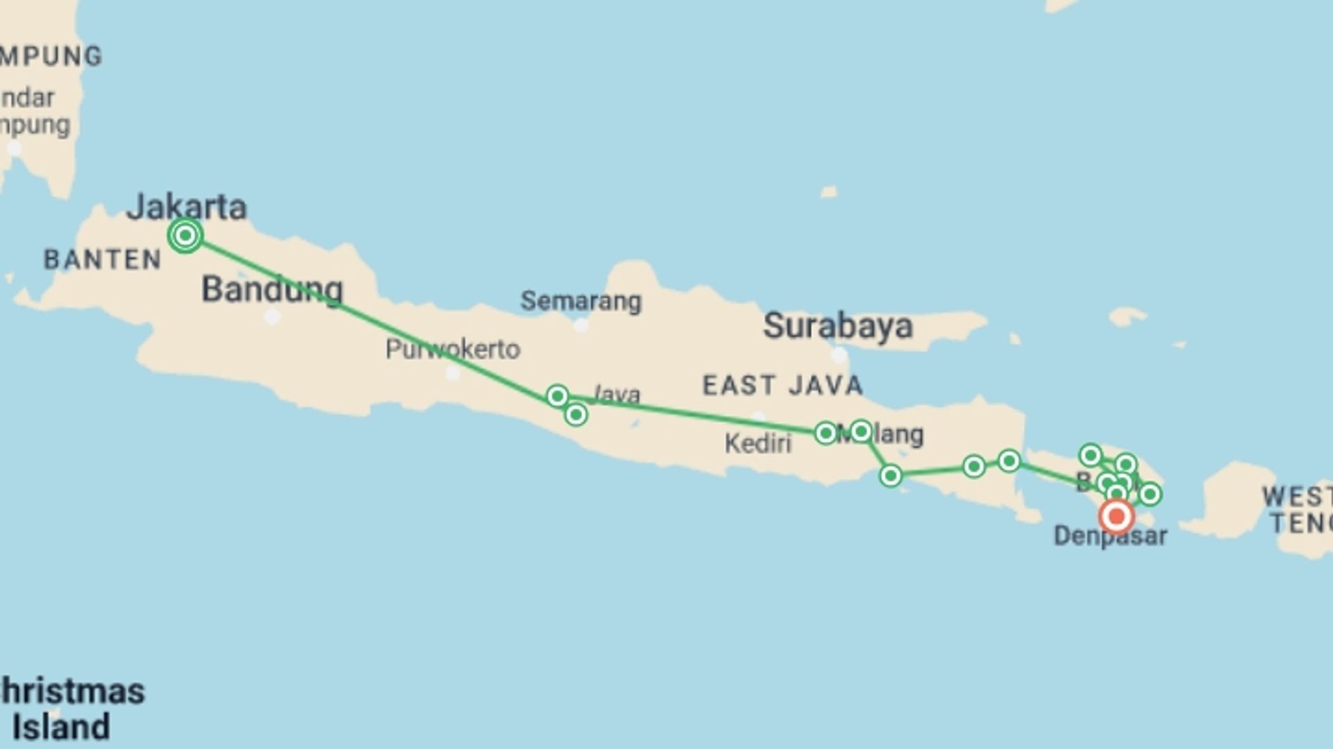 A map showing the tour itinerary for the trip: Splendours Of Java & Bali 2025 (5 & 4 Star Hotels), starting in Jakarta, Indonesia and ending in Sanur, Indonesia going through 10 other destinations.