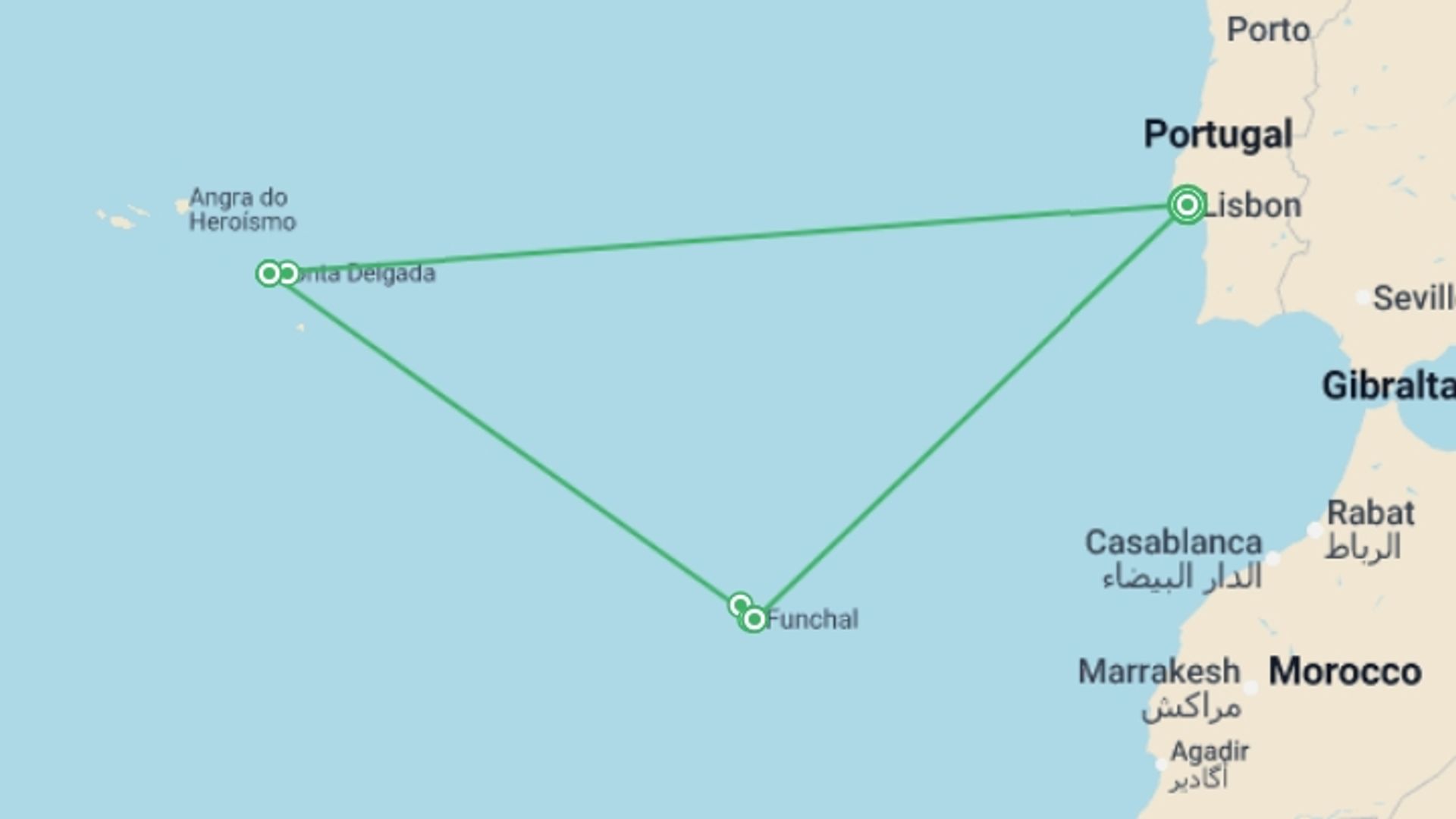 A map showing the tour itinerary for the trip: Portugal and its Islands, starting in Lisbon, Portugal and ending in Lisbon, Portugal going through 2 other destinations.