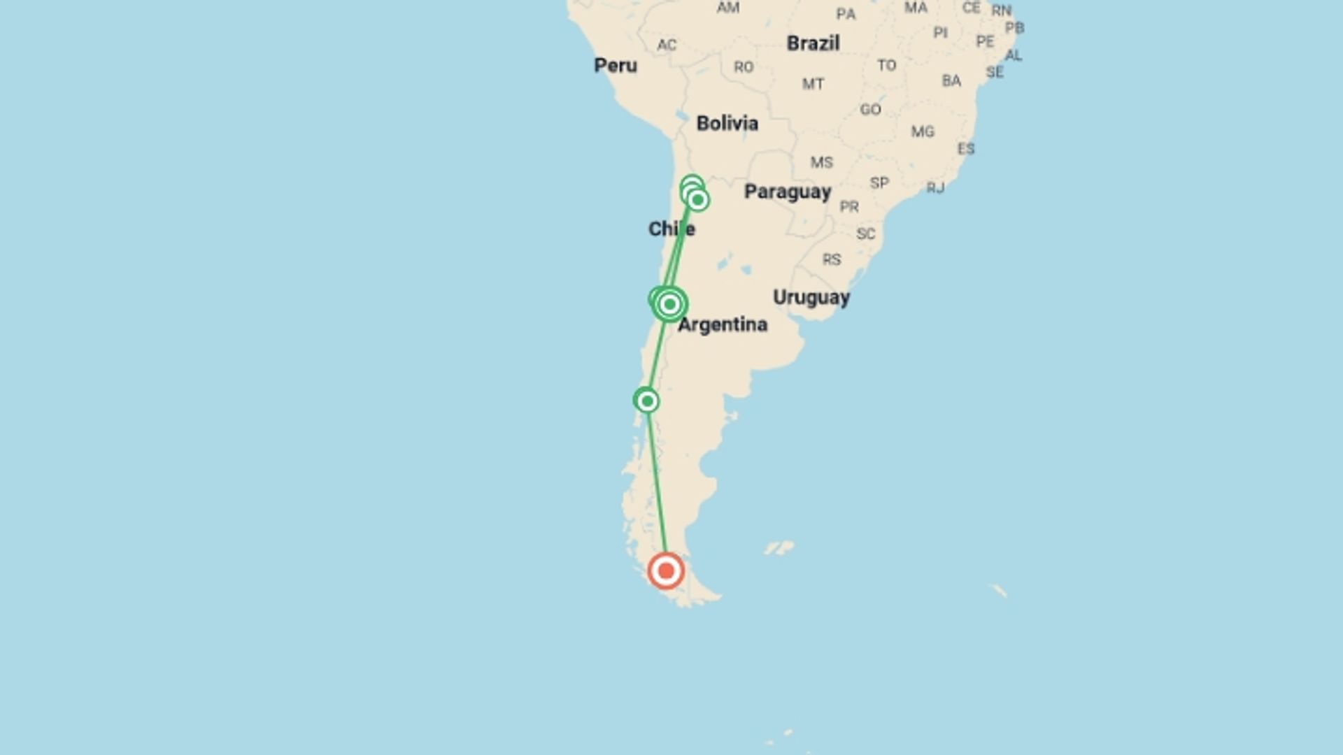 A map showing the tour itinerary for the trip: 13-Day Trip Chile from North to South, starting in Santiago, Chile and ending in Punta Arenas, Chile going through 5 other destinations.