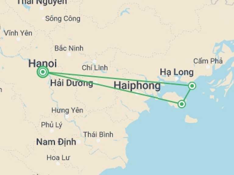 Map itinerary of Hanoi Tour in February 2027 with 3 destination visits for the trip: 2 Days Halong Bay Cruise