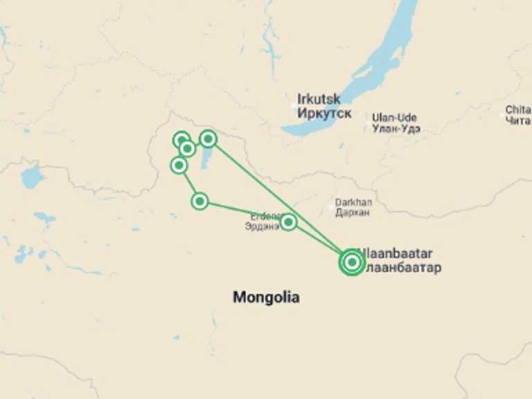 Map of Mongolia Tour with 7 destination visits for the trip: Mongolia Expedition: Reindeer Herders