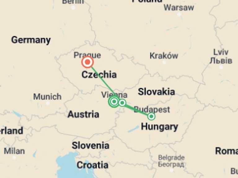 Map itinerary of Vienna Tour in February 2026 with 3 destination visits for the trip: Imperial Capitals