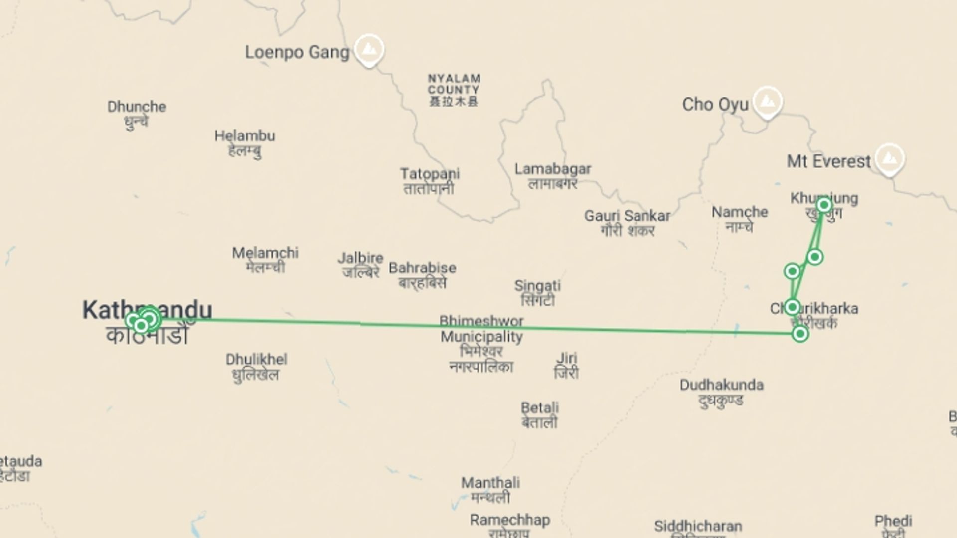 A map showing the tour itinerary for the trip: Everest Panorama Trek, starting in Kathmandu, Nepal and ending in Kathmandu, Nepal going through 7 other destinations.