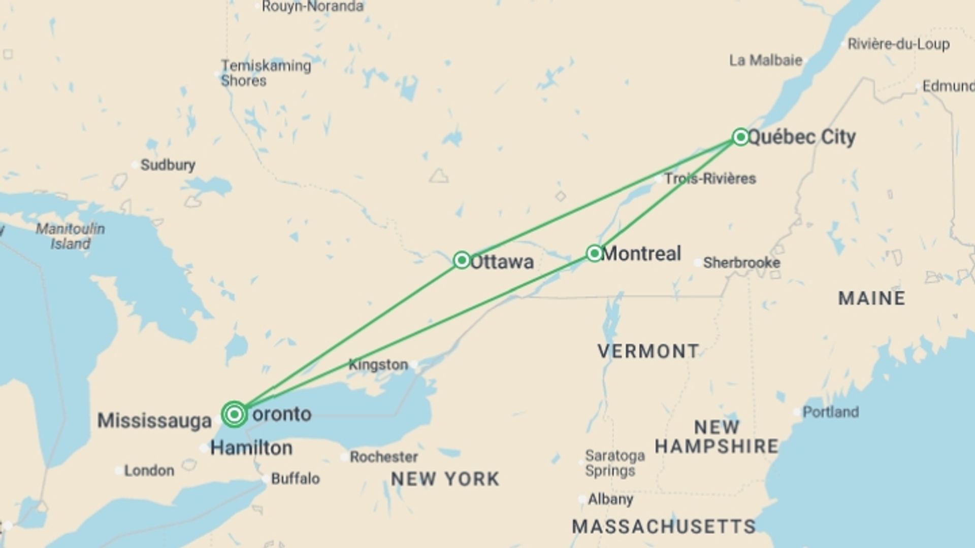 A map showing the tour itinerary for the trip: Essence of Eastern Canada, starting in Toronto, Canada and ending in Toronto, Canada going through 5 other destinations.