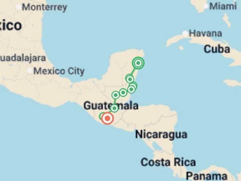 Map of North America Tour with 9 destination visits for the trip: Tulum to Antigua