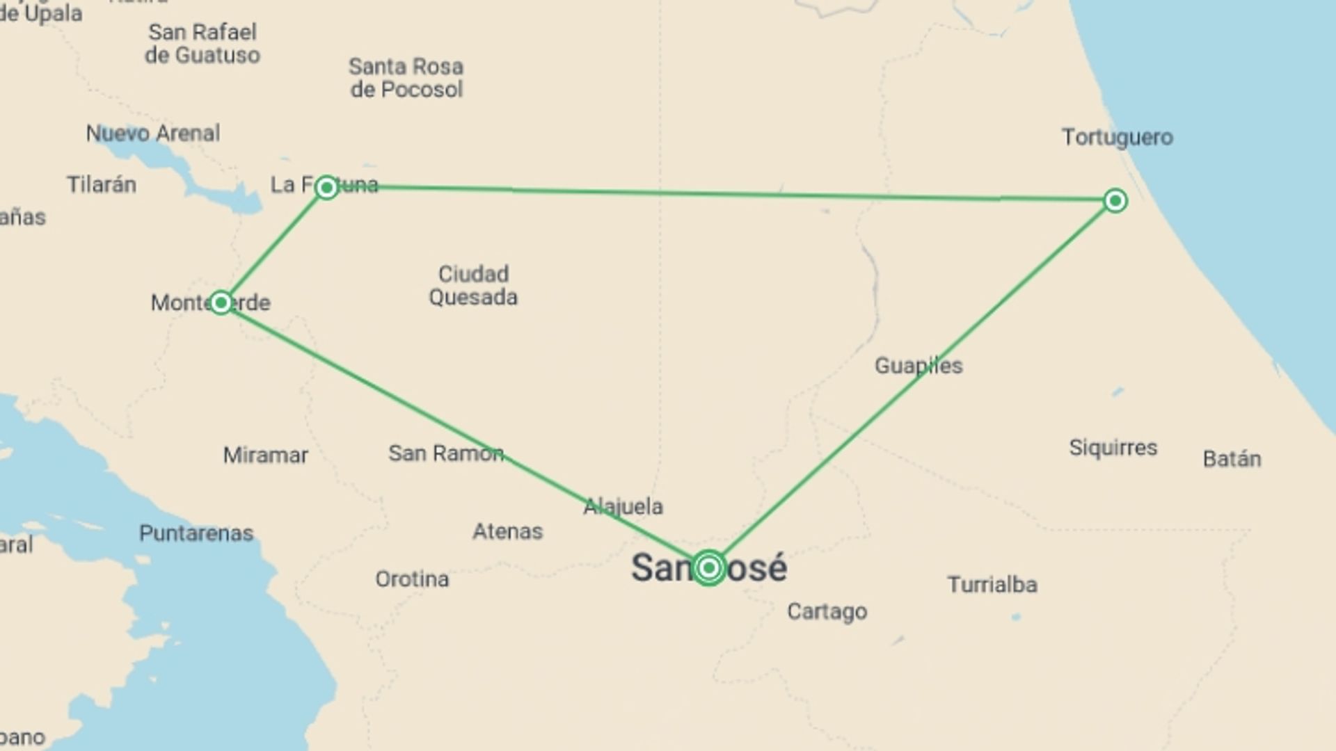 A map showing the tour itinerary for the trip: Natural Highlights of Costa Rica, starting in San Jose, Costa Rica and ending in San Jose, Costa Rica going through 4 other destinations.