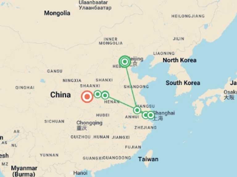 Map itinerary of China Tour in January 2027 with 5 destination visits for the trip: Golden Triangle in China