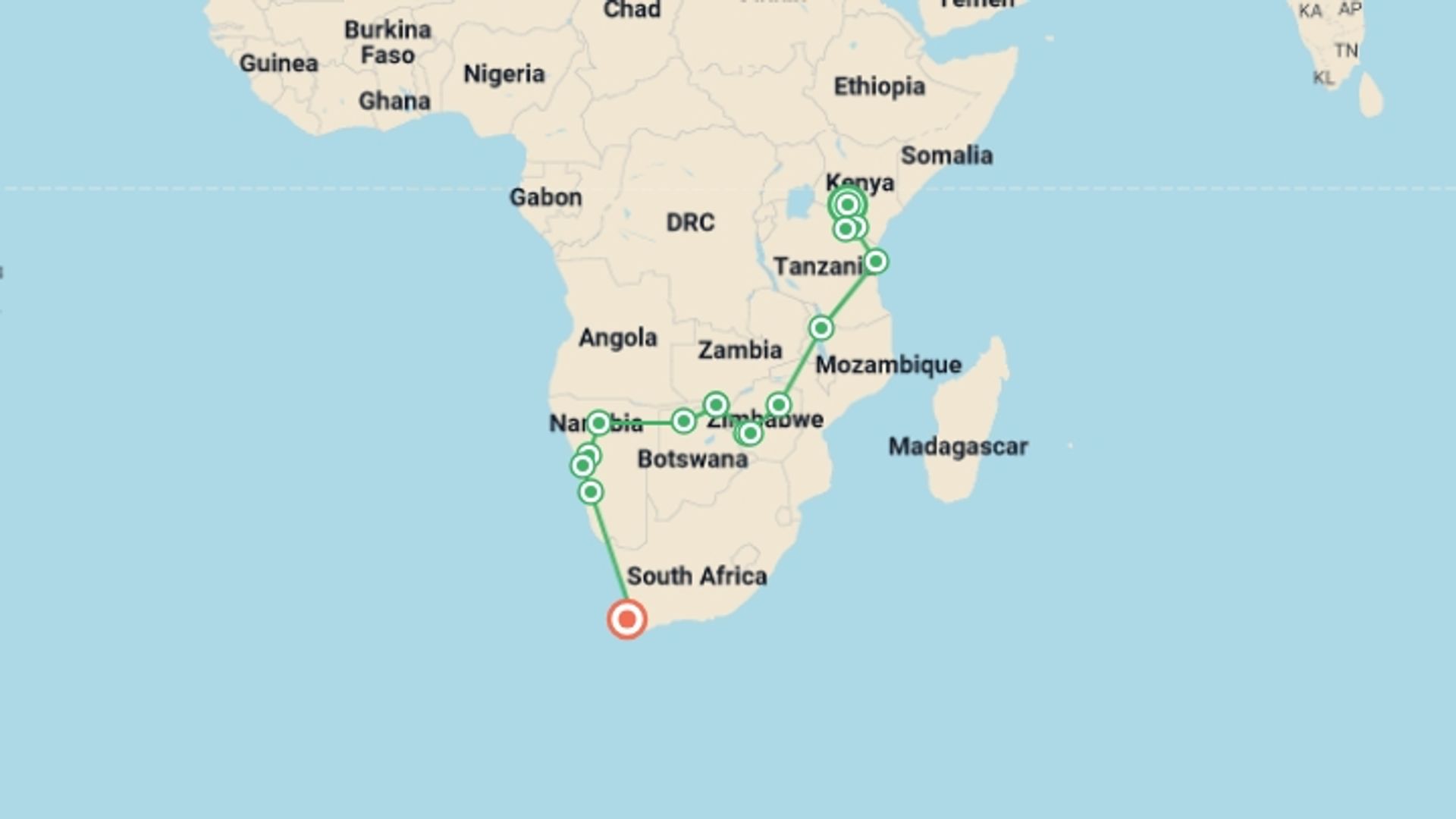 A map showing the tour itinerary for the trip: Nairobi To Cape Town (56 Days) Coast To Coast, starting in Nairobi, Kenya and ending in Cape Town, South Africa going through 15 other destinations.