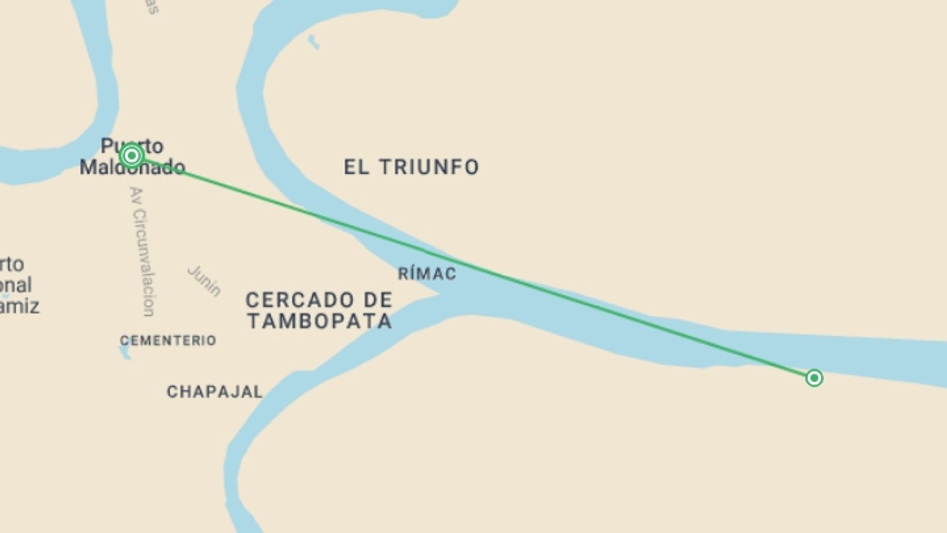 A map showing the tour itinerary for the trip: Peru: Amazon Jungle Short Break, starting in Puerto Maldonado, Peru and ending in Puerto Maldonado, Peru going through 2 other destinations.