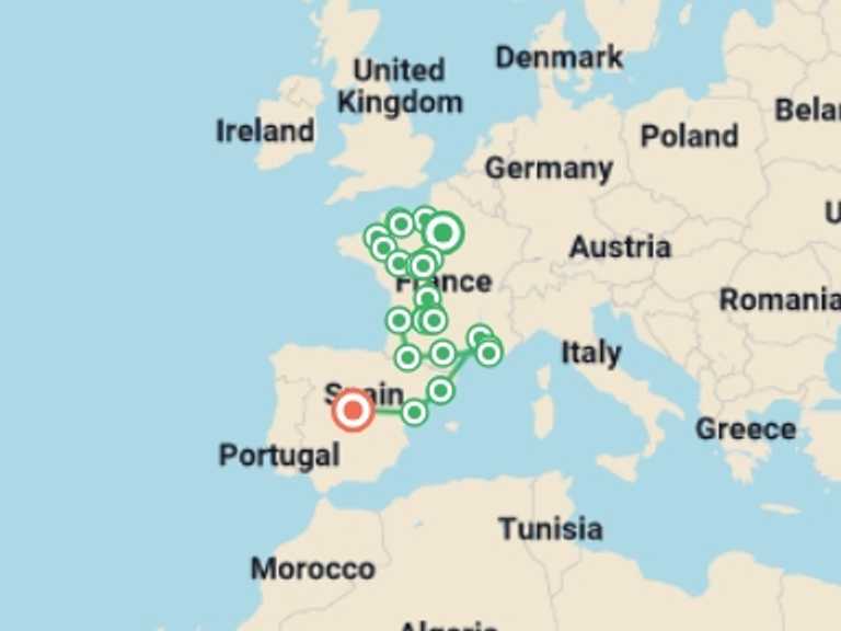 Map itinerary of Mediterranean Tour in July 2026 with 11 destination visits for the trip: Normandy, all of France and Spain