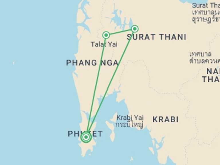 Map of 3-Day South East Asia Tour with 3 destination visits for the trip: Khao Sok Discovery, Private Tour