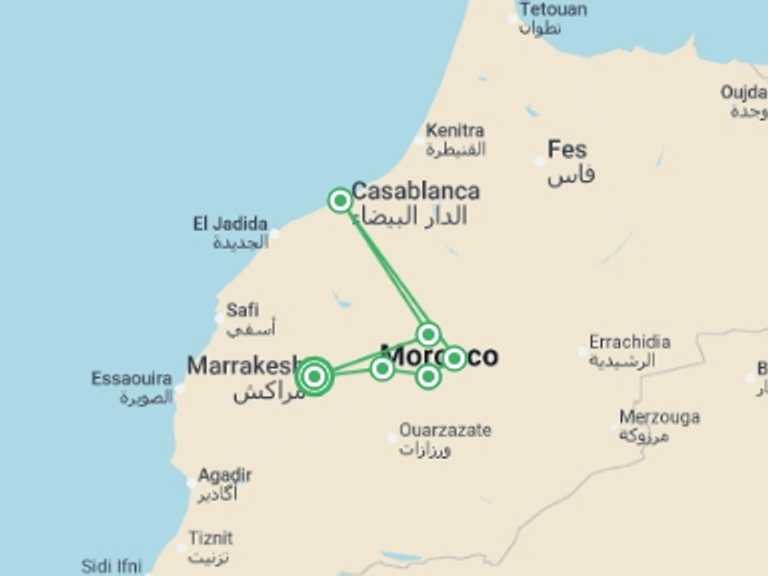 Map itinerary of Mediterranean Tour in July 2026 with 5 destination visits for the trip: Cycling Morocco - 8 days