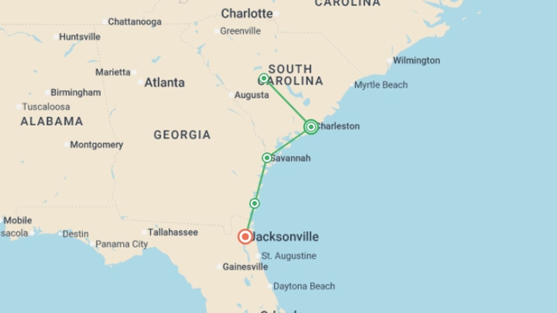 A map showing the tour itinerary for the trip: Southern Charm featuring Charleston, Savannah & Jekyll Island, starting in Charleston, USA and ending in Jacksonville, USA going through 3 other destinations.