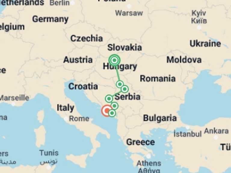Map of 15-Day Europe Tour with 7 destination visits for the trip: Balkan Adventure