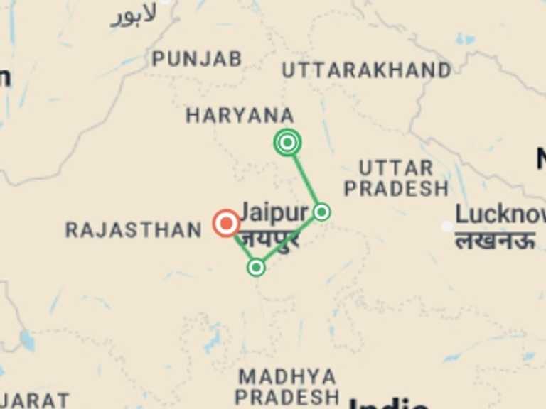 Map itinerary of Ranthambore National Park Tour in October 2025 with 4 destination visits for the trip: Delhi to Jaipur & Tigers - 8 days