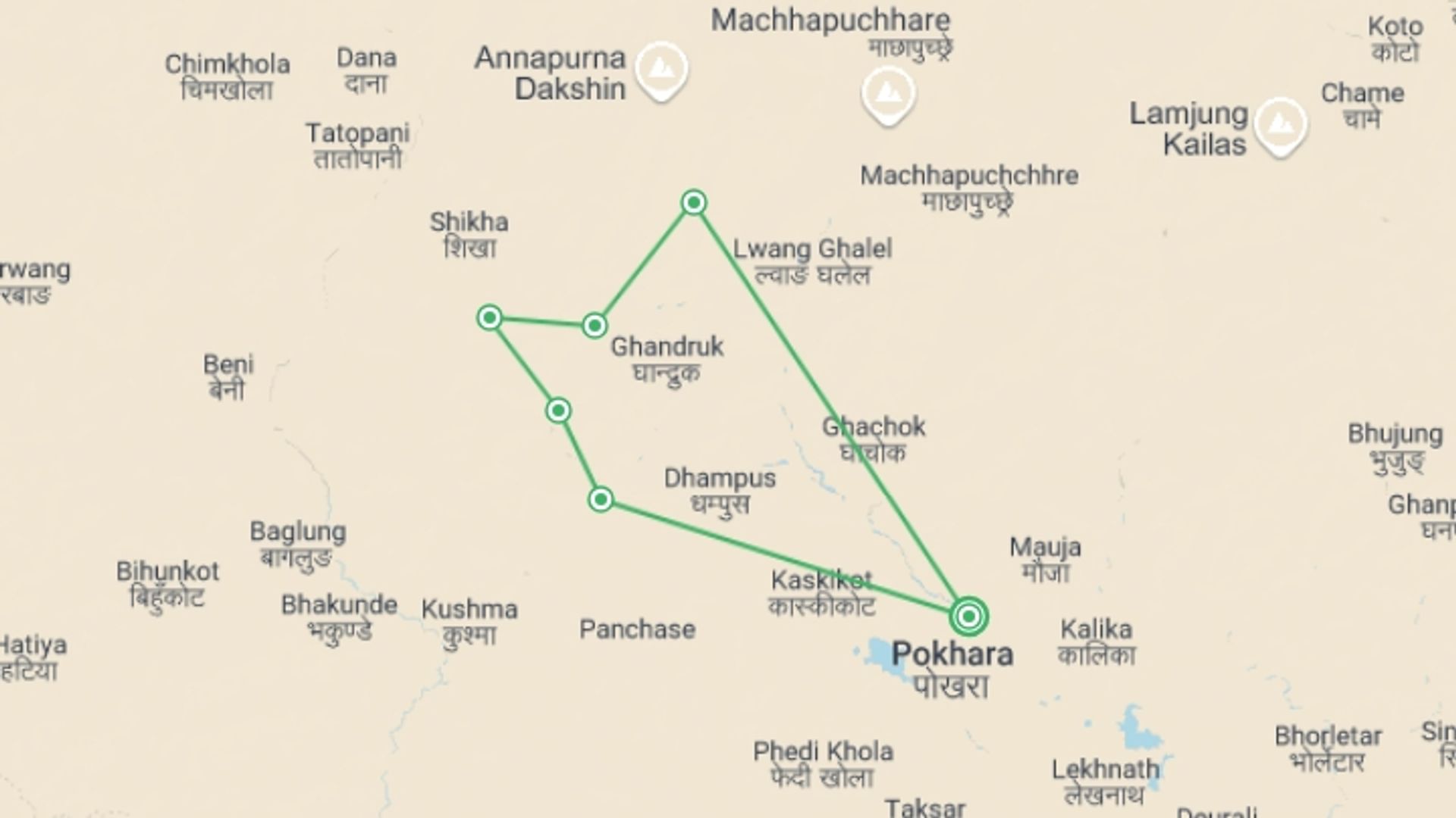 A map showing the tour itinerary for the trip: Ghorepani Poon Hill Trek, starting in Pokhara, Nepal and ending in Pokhara, Nepal going through 5 other destinations.