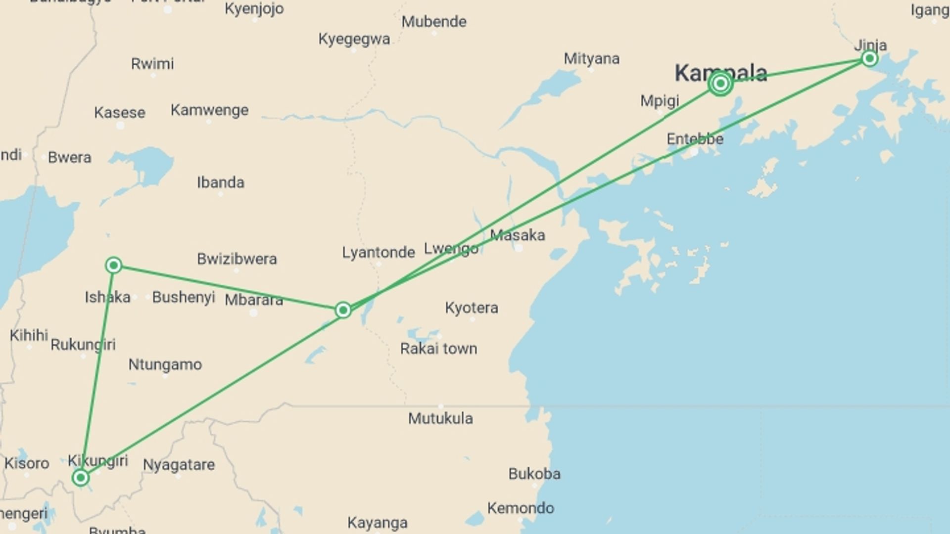 A map showing the tour itinerary for the trip: Gorillas of Uganda Overland Safari & Participation Camping, starting in Kampala, Uganda and ending in Kampala, Uganda going through 4 other destinations.