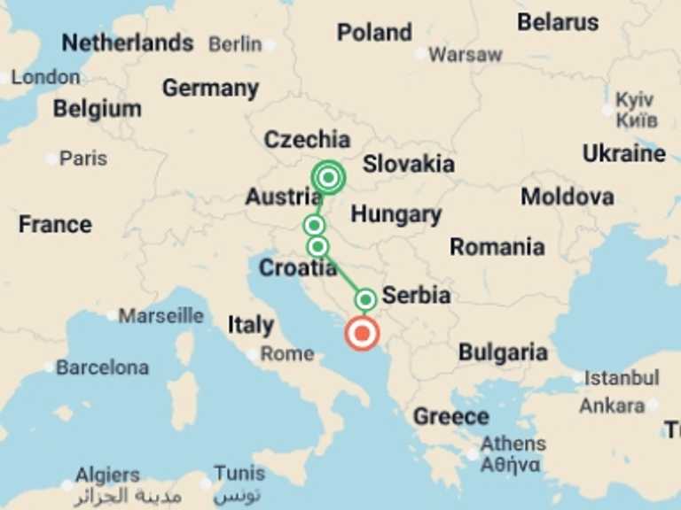 Map itinerary of Europe Tour in August 2026 with 4 destination visits for the trip: Solo Lite Vienna to Dubrovnik Adventure