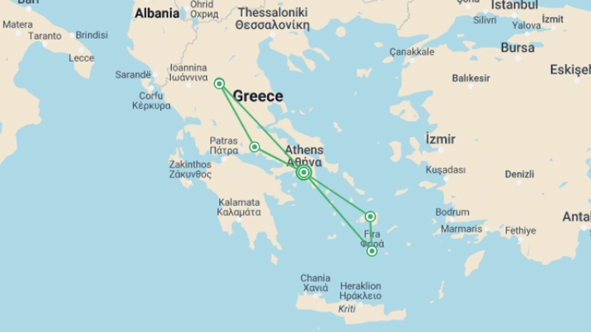 A map showing the tour itinerary for the trip: Charming Greece & Islands Hopping in 10 Days, starting in Athens, Greece and ending in Athens, Greece going through 5 other destinations.