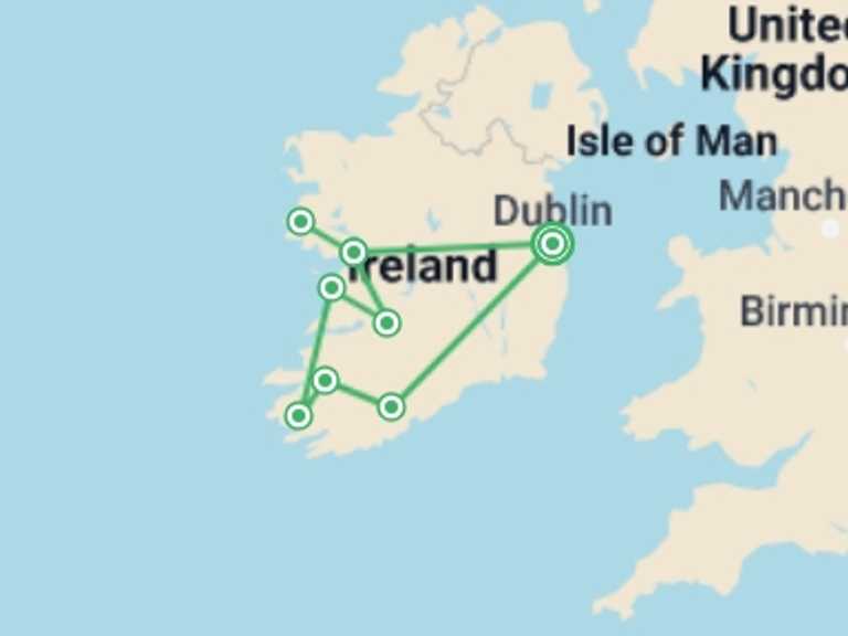 Map of Ireland Natural landmarks sightseeing Tour with 5 destination visits for the trip: Unforgettable Ireland