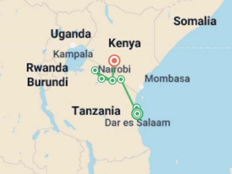 Map of Nairobi Wildlife Tour with 7 destination visits for the trip: 11-day Zanzibar to Serengeti Camping