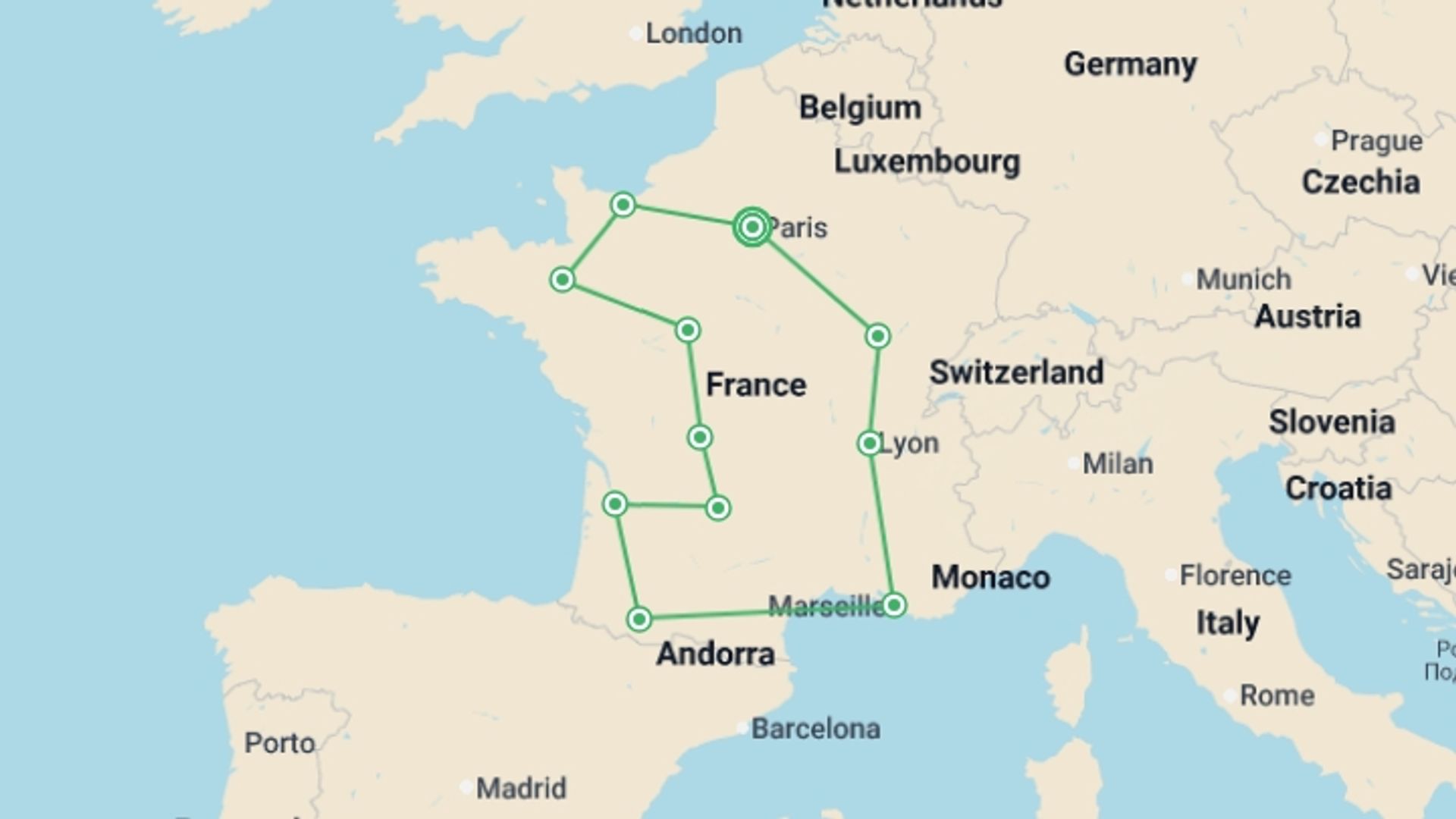 A map showing the tour itinerary for the trip: Explore your France, starting in Paris, France and ending in Paris, France going through 10 other destinations.