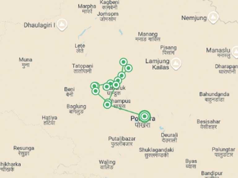 Map of Pokhara Adventure Tour with 10 destination visits for the trip: Annapurna Base Camp Trek