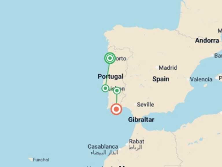 Map itinerary of Lisbon Tour in July 2027 with 4 destination visits for the trip: Portugal Explorer: Porto to Algarve