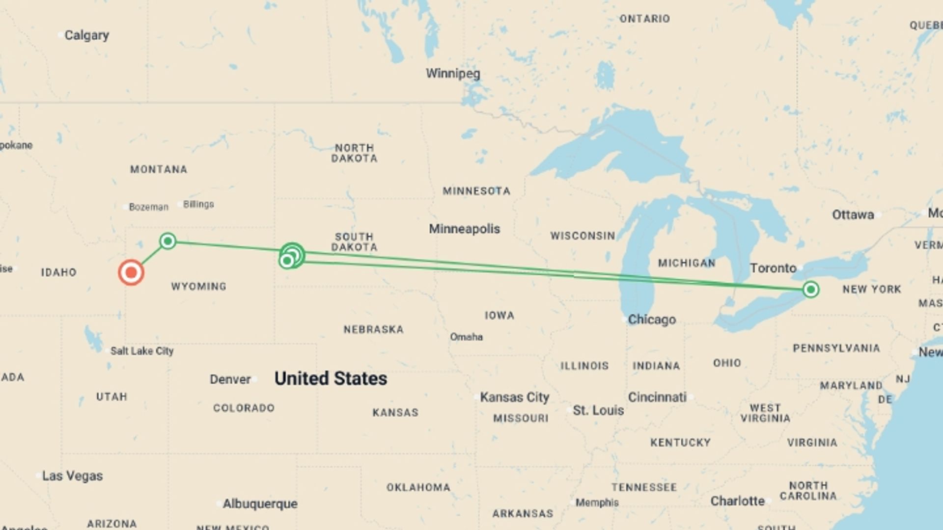 A map showing the tour itinerary for the trip: America's Cowboy Country , starting in Rapid City, USA and ending in Jackson, USA going through 3 other destinations.